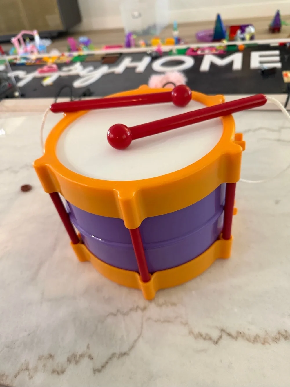 Little Tikes TOY DRUM with Drumsticks attached Red Blue Yellow Plastic Vintage